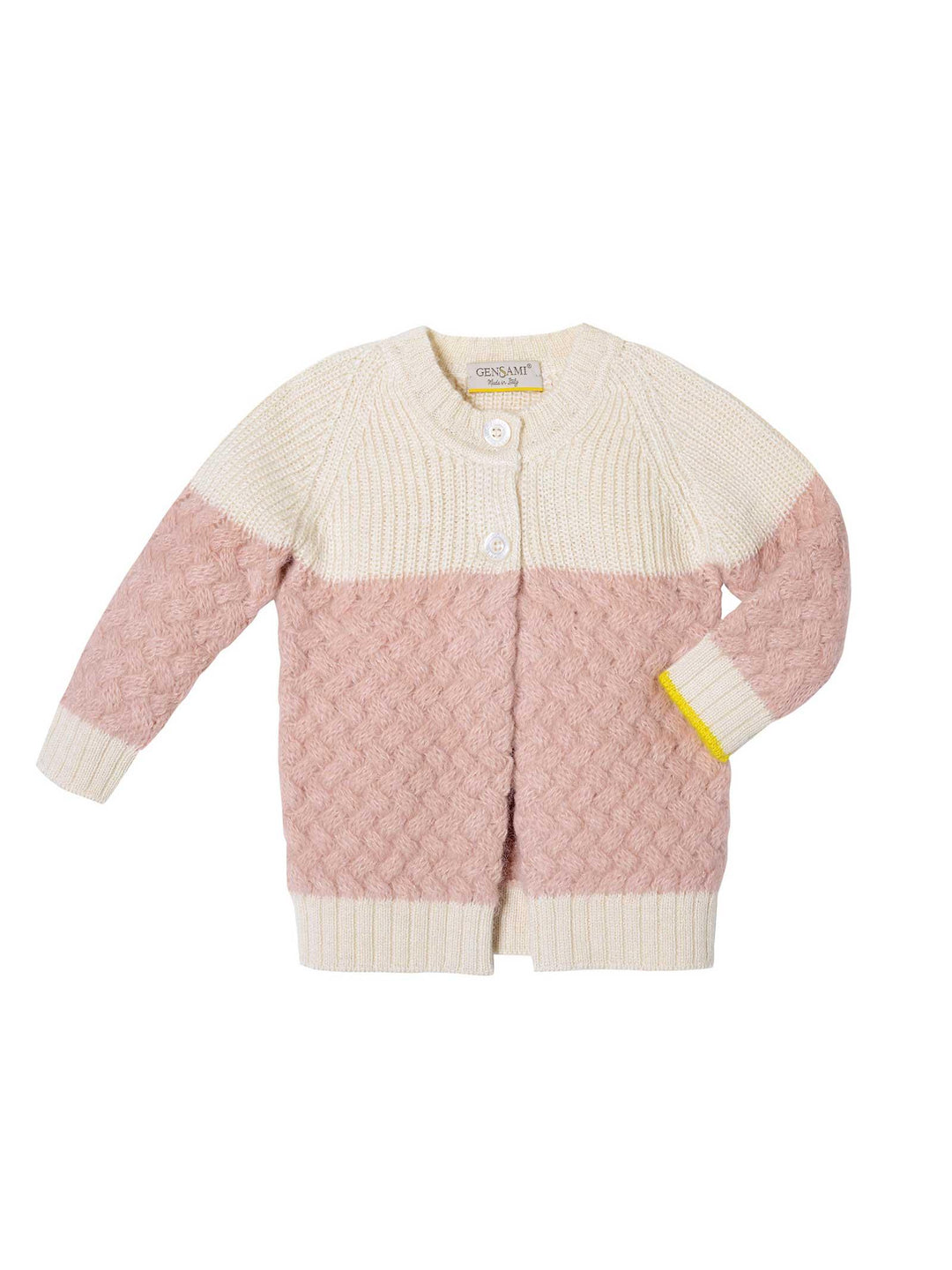 Cardigan crochet bicolore bianco latte e rosa