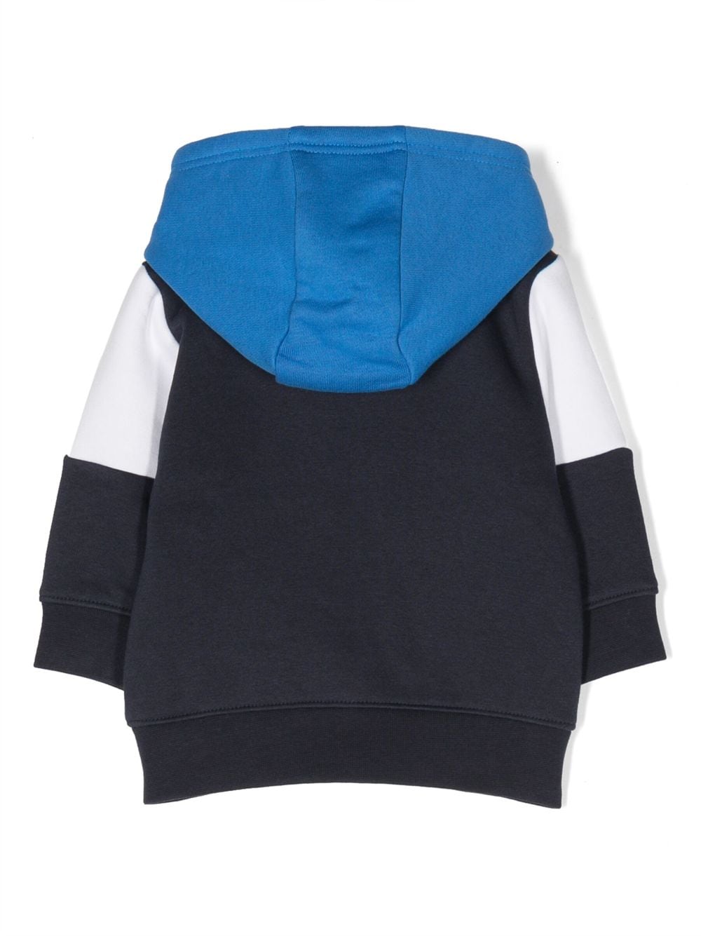Sweat à capuche bleu et blanc pour nouveau-né, avec imprimé sur le devant, détail à rayures horizontales bleu clair