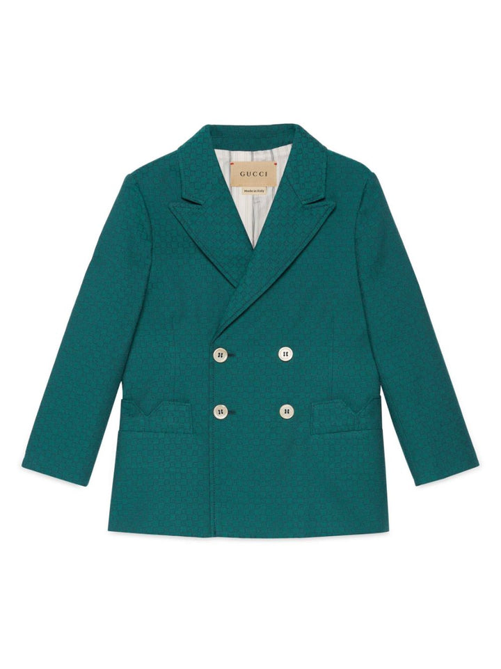 Veste verte pour garçon, en laine, motif à carreaux, logo imprimé all-over, revers en pointe, fermeture à double boutonnage, manches longues, deux poches plaquées sur le devant et ourlet droit