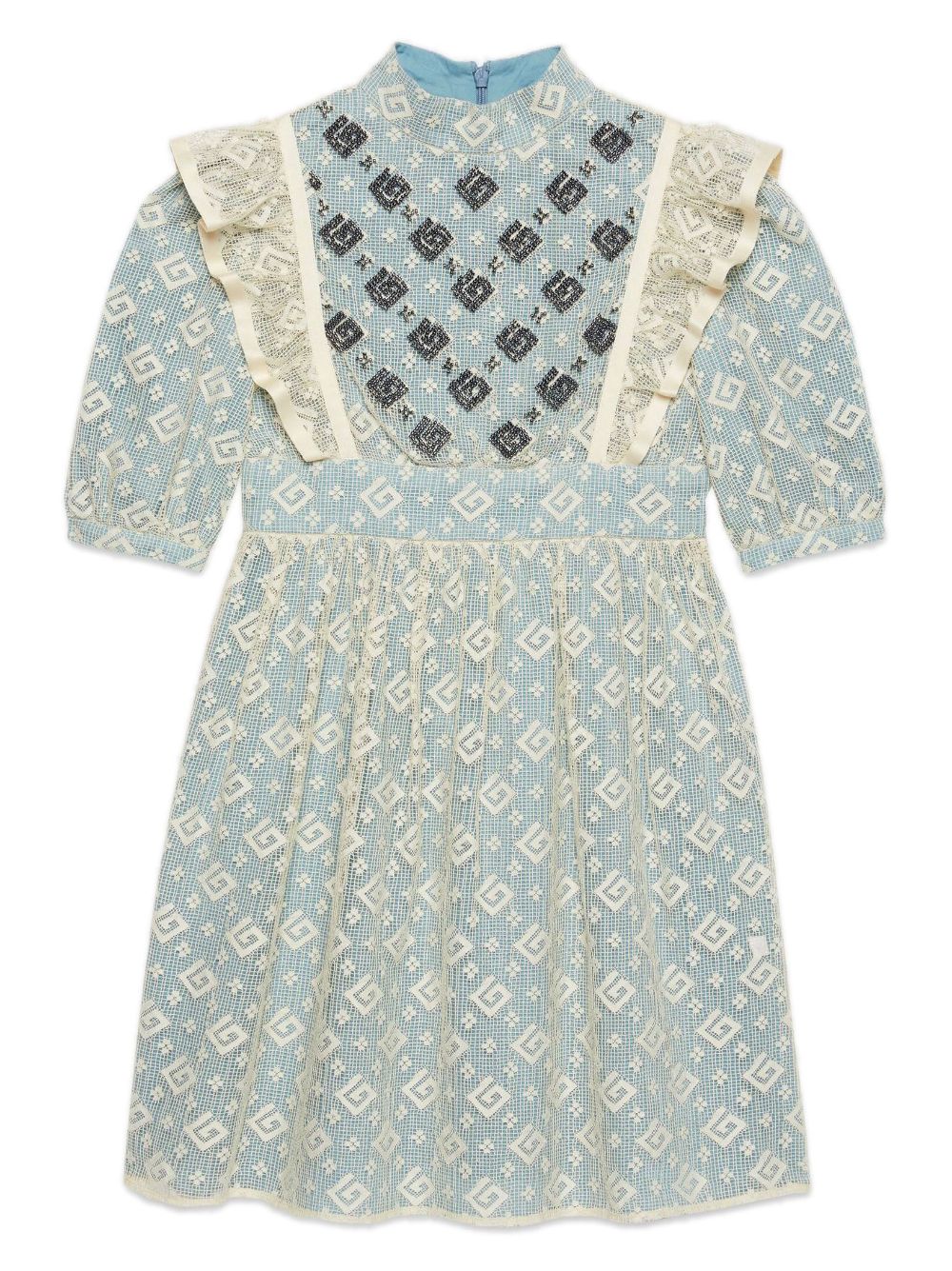 Robe bleu clair et ivoire pour petite fille, avec application sur toute la robe, jupe évasée
