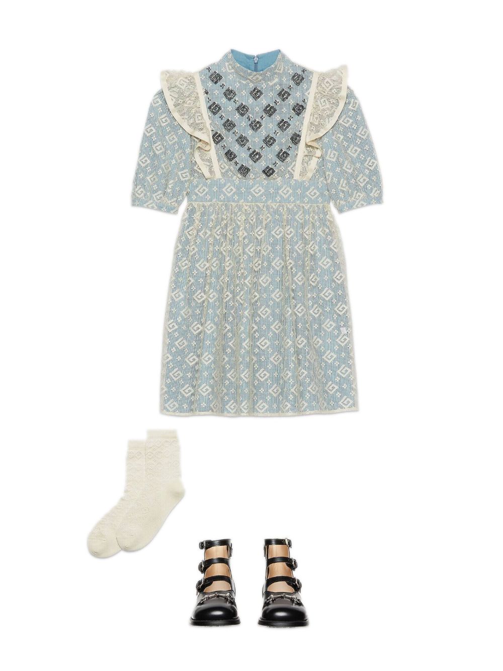 Robe bleu clair et ivoire pour petite fille, avec application sur toute la robe, jupe évasée