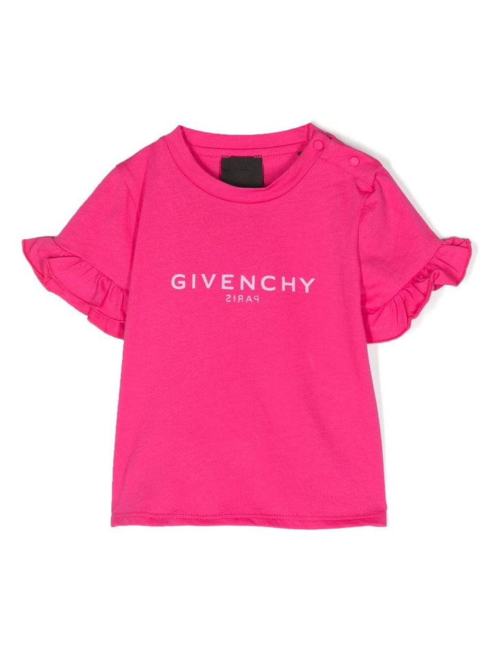 T-shirt fucsia neonata con dettagli con ruches e logo bianco stampato