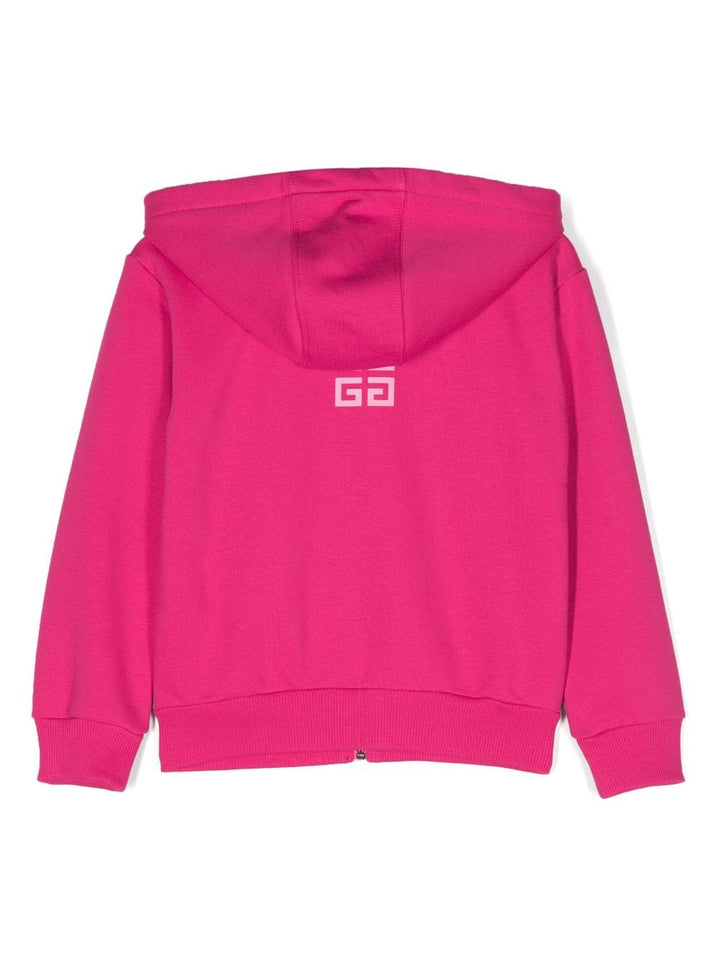 Felpa fucsia bambina con cappuccio , zip e logo bianco stampato