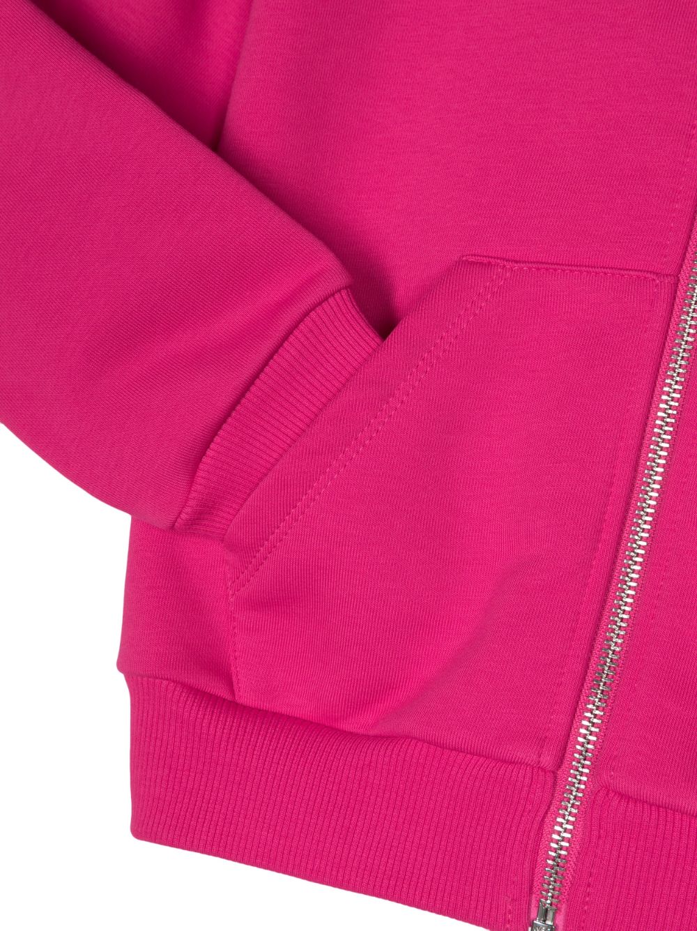 Felpa fucsia bambina con cappuccio , zip e logo bianco stampato