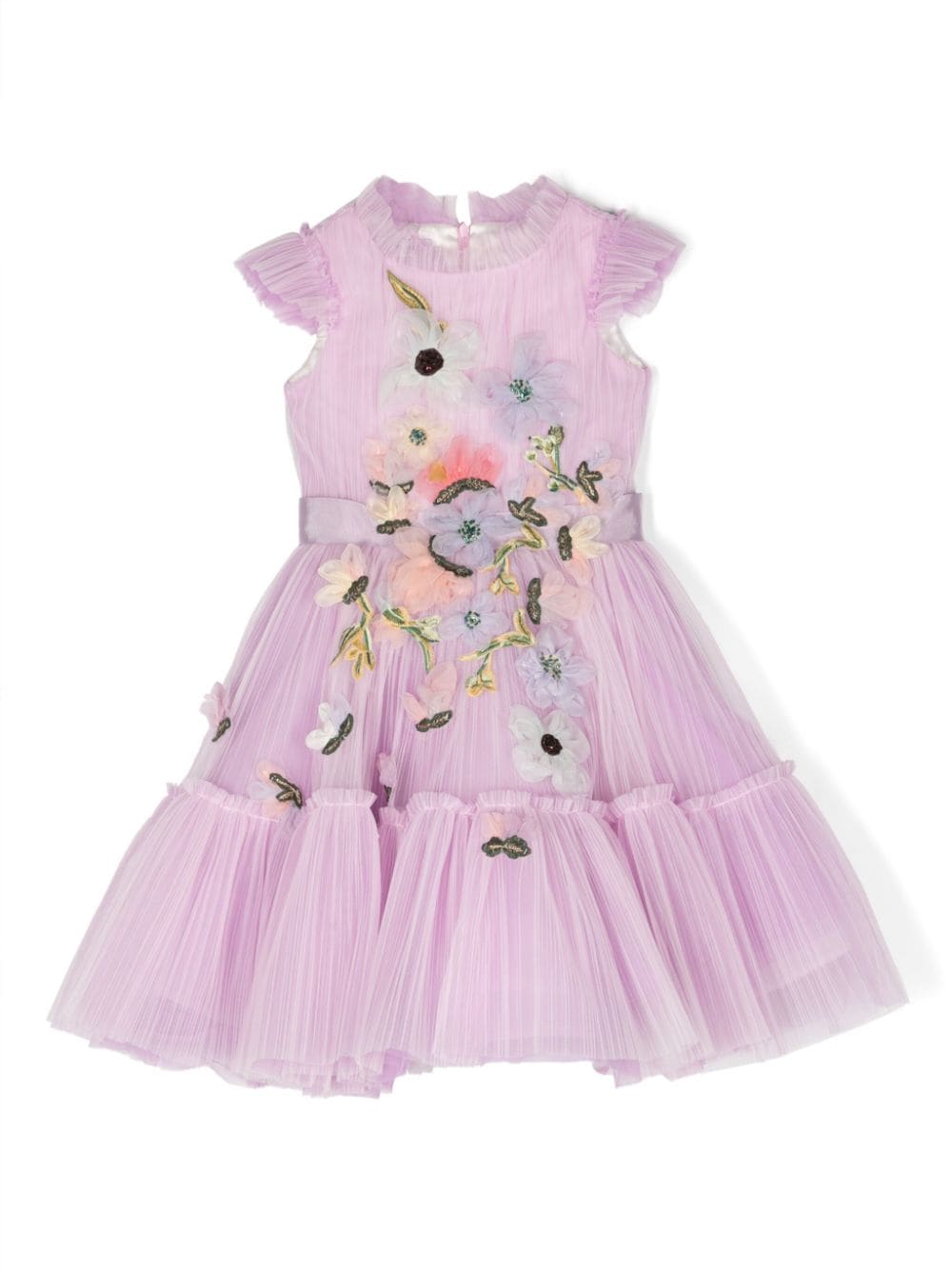 Robe lilas pour petite fille, avec appliqué de fleurs et modèle avec ceinture et jupe en tulle à volants