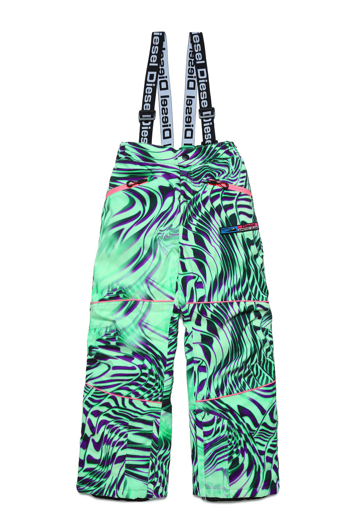 Pantalon avec bas vert, imprimé multicolore et bretelles