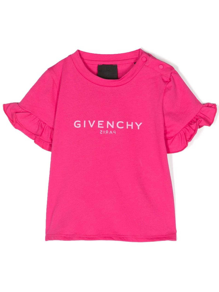 T-shirt fucsia neonata con dettagli con ruches e logo bianco stampato