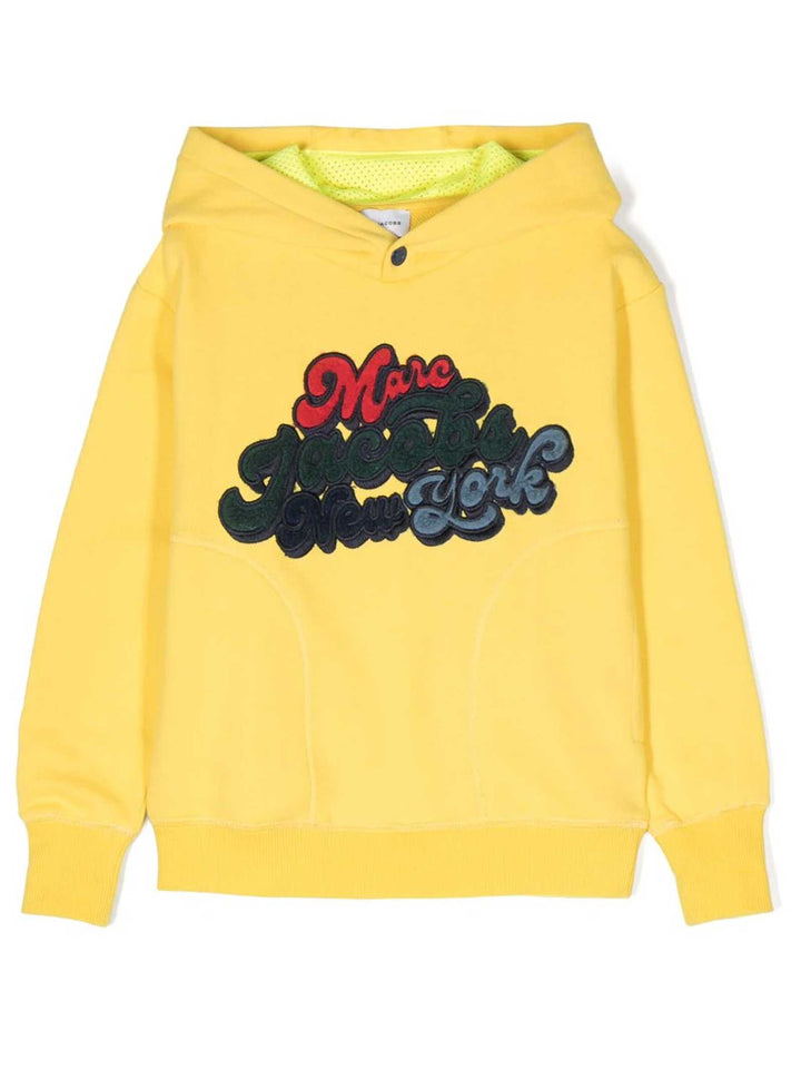 Sweat enfant jaune avec imprimé multicolore et capuche