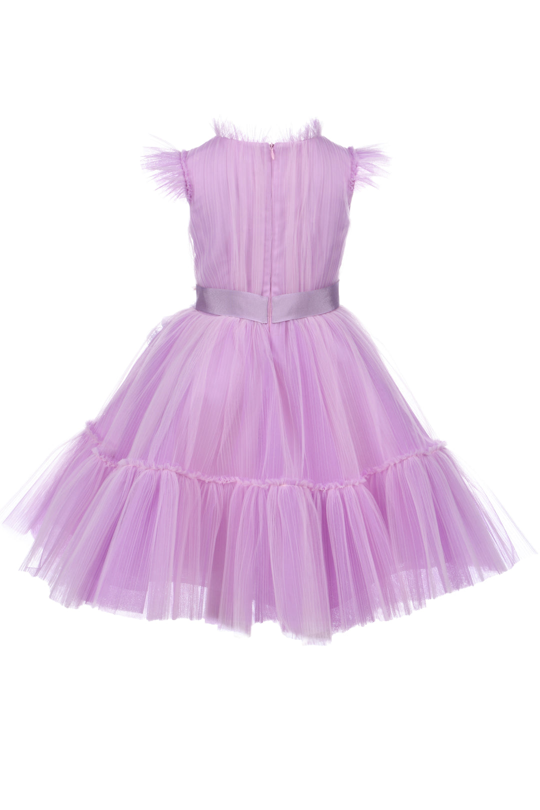 Robe lilas pour petite fille, avec appliqué de fleurs et modèle avec ceinture et jupe en tulle à volants