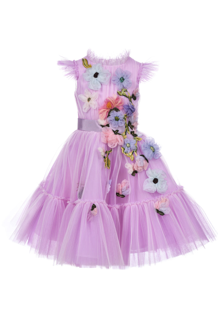 Robe lilas pour petite fille, avec appliqué de fleurs et modèle avec ceinture et jupe en tulle à volants