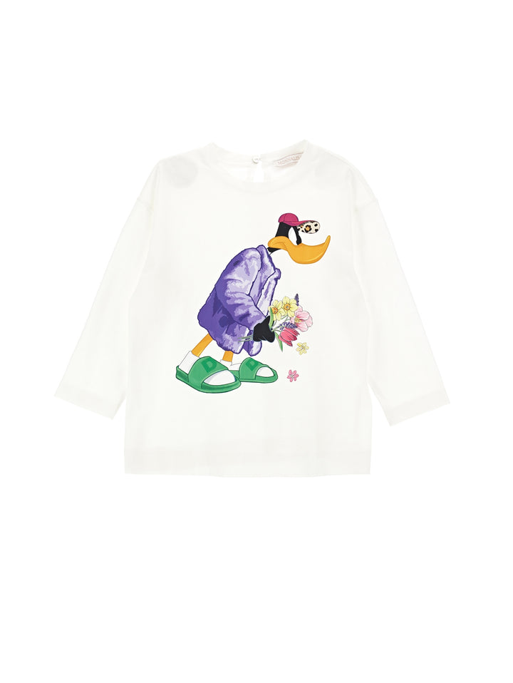 T-shirt bianca bambina a maniche lunghe con stampa 'Duffy Duck'