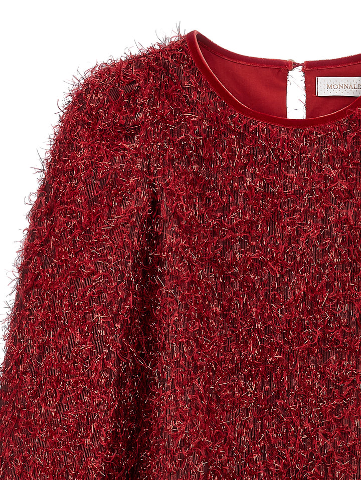 Robe petite fille rouge à texture métallisée et manches longues