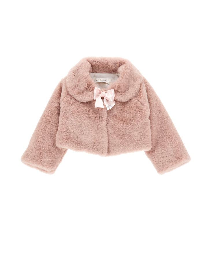 Manteau fourrure rose nouveau-né avec noeud appliqué