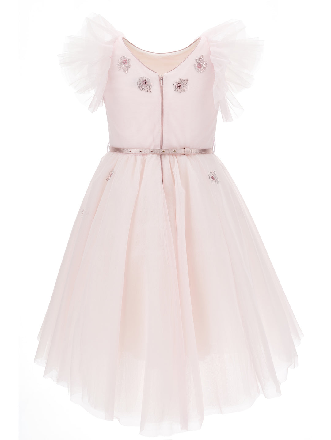 Robe petite fille rose avec strass, ceinture et roses brodées