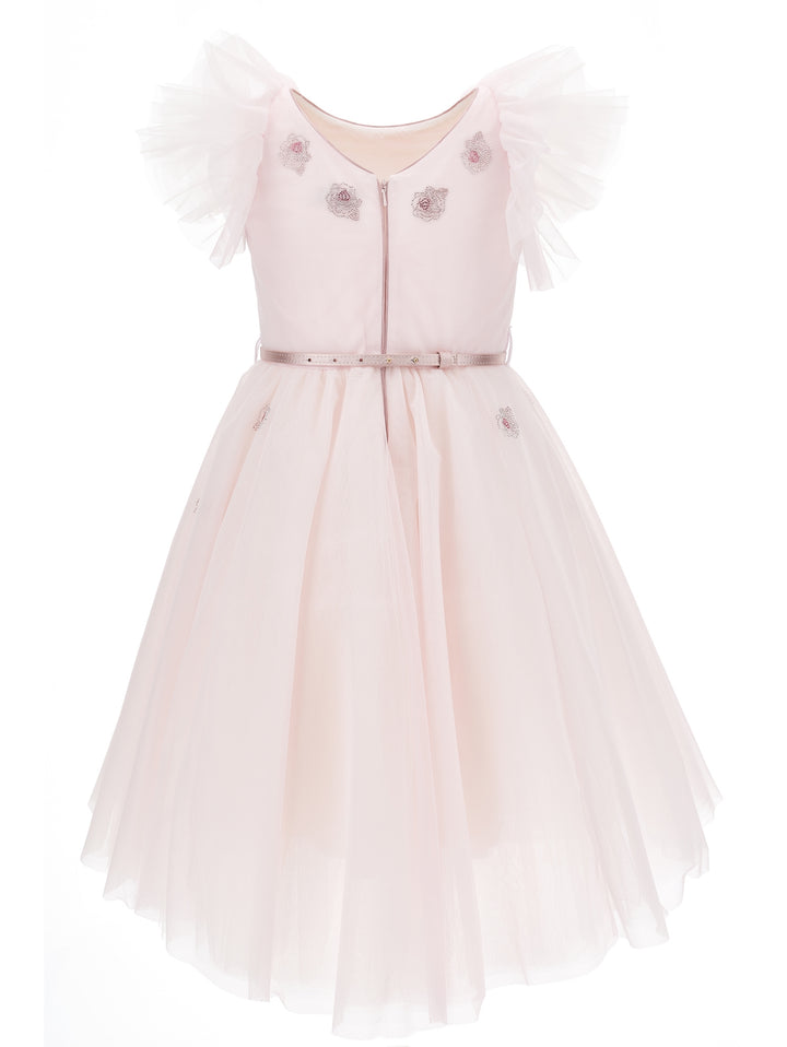 Robe petite fille rose avec strass, ceinture et roses brodées