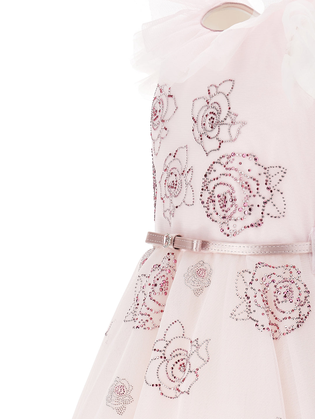 Robe petite fille rose avec strass, ceinture et roses brodées