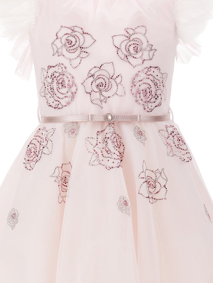 Robe petite fille rose avec strass, ceinture et roses brodées