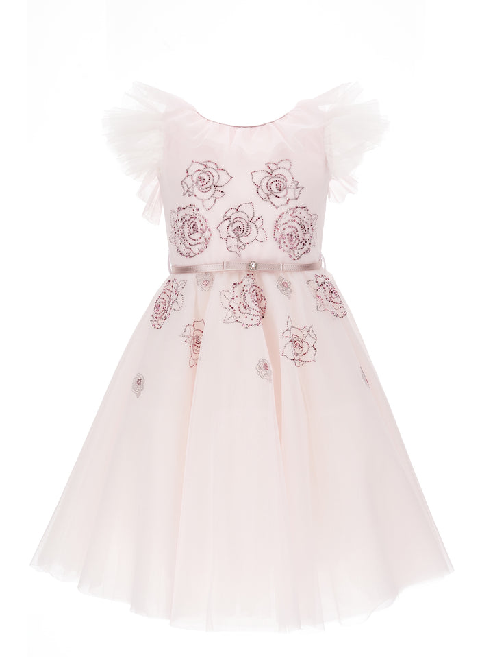 Robe petite fille rose avec strass, ceinture et roses brodées