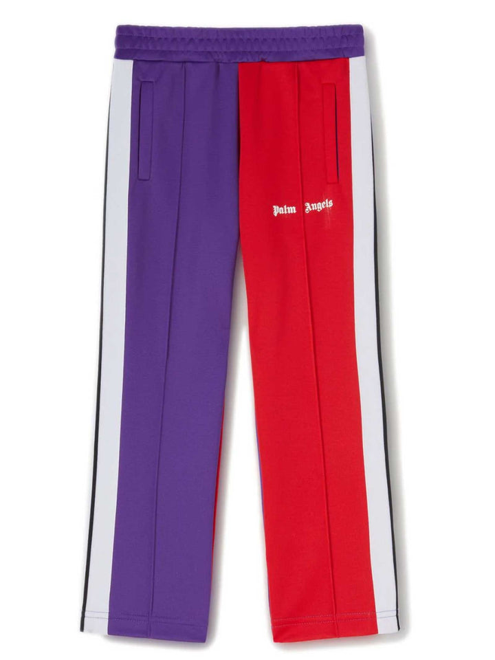 Pantalon enfant violet et rouge avec bandes latérales blanches