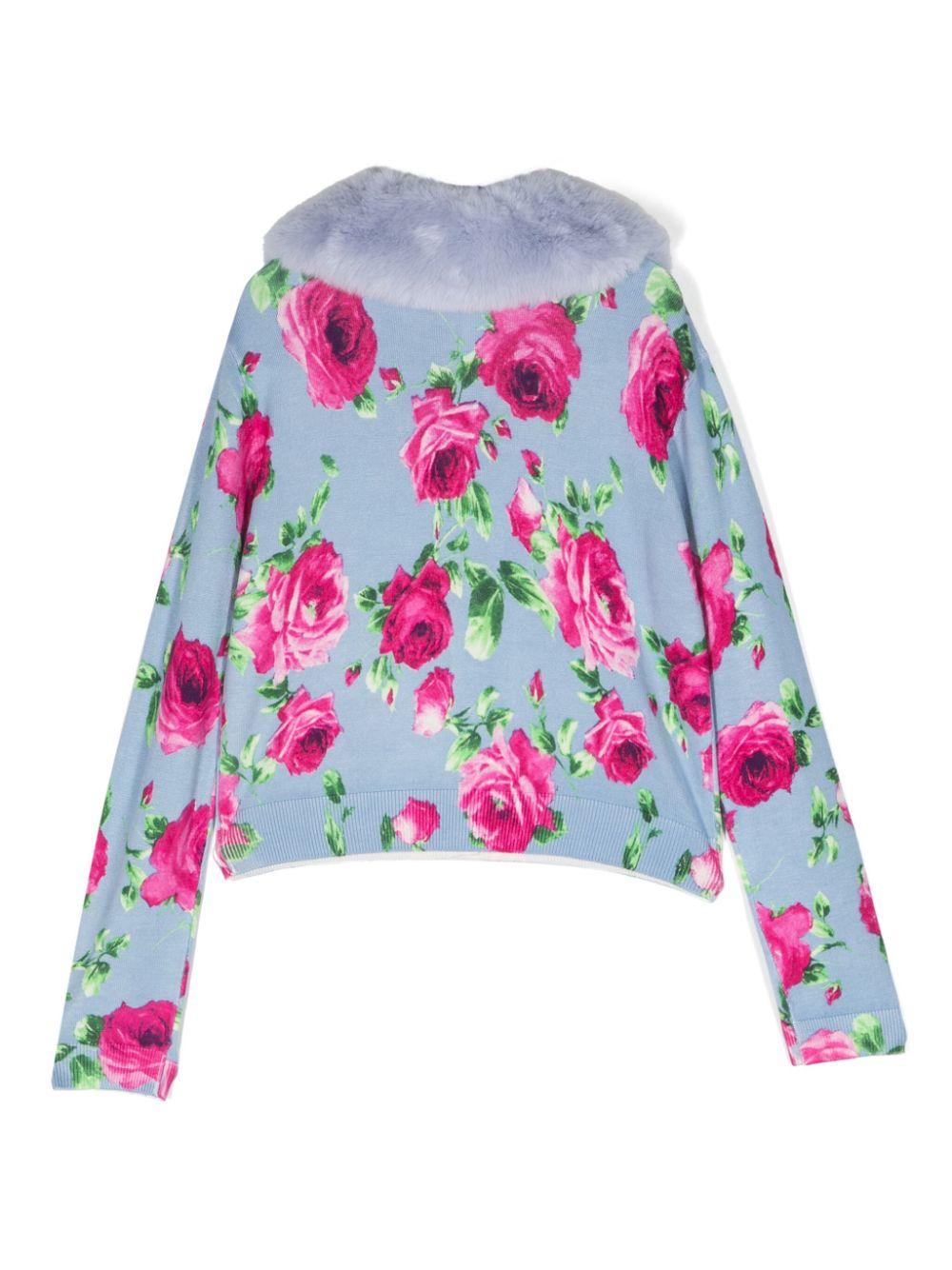 Cardigan blu chiaro bambina con intarsio a fiori