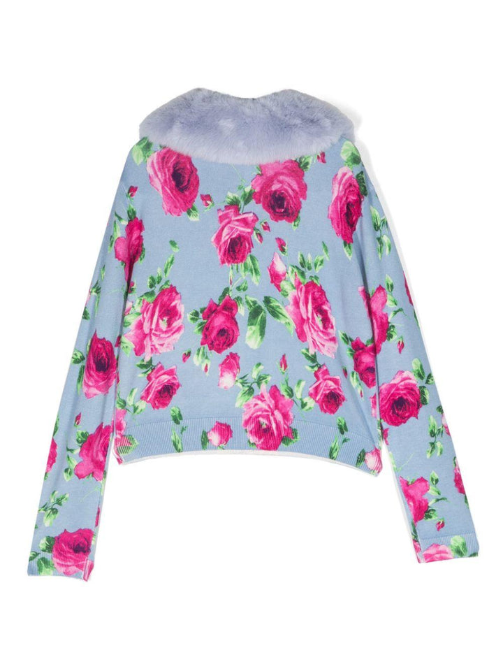 Cardigan blu chiaro bambina con intarsio a fiori