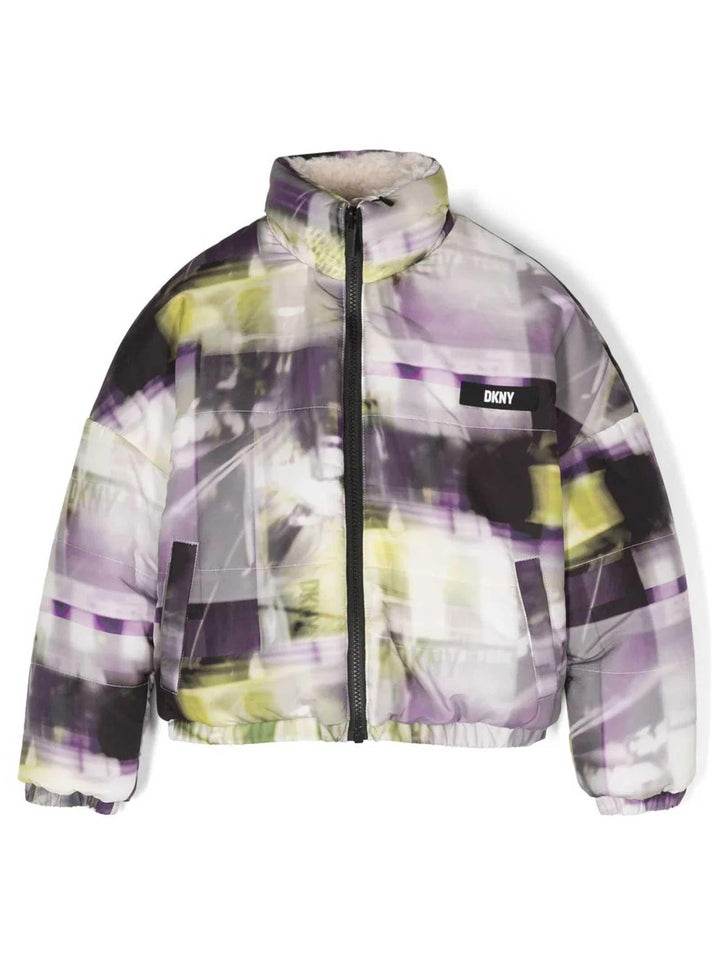 Giubbino viola bambina con stampa multicolor