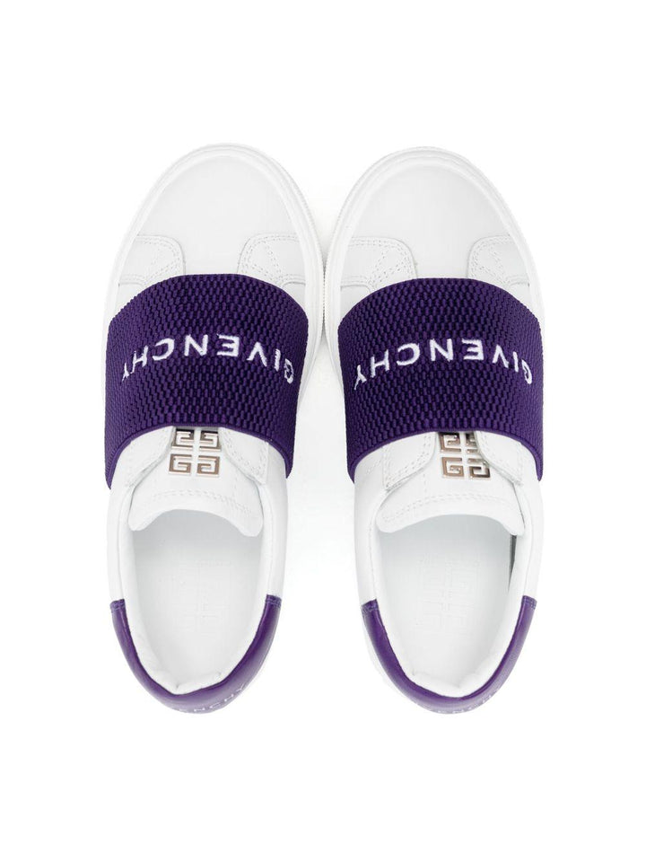 Sneakers bianche con fascia viola con logo<BR/> H19078 91C Givenchy Kids 