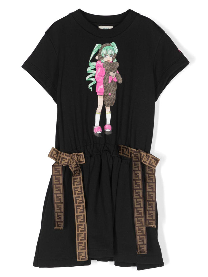 Abito nero bambina con stampa e cintura