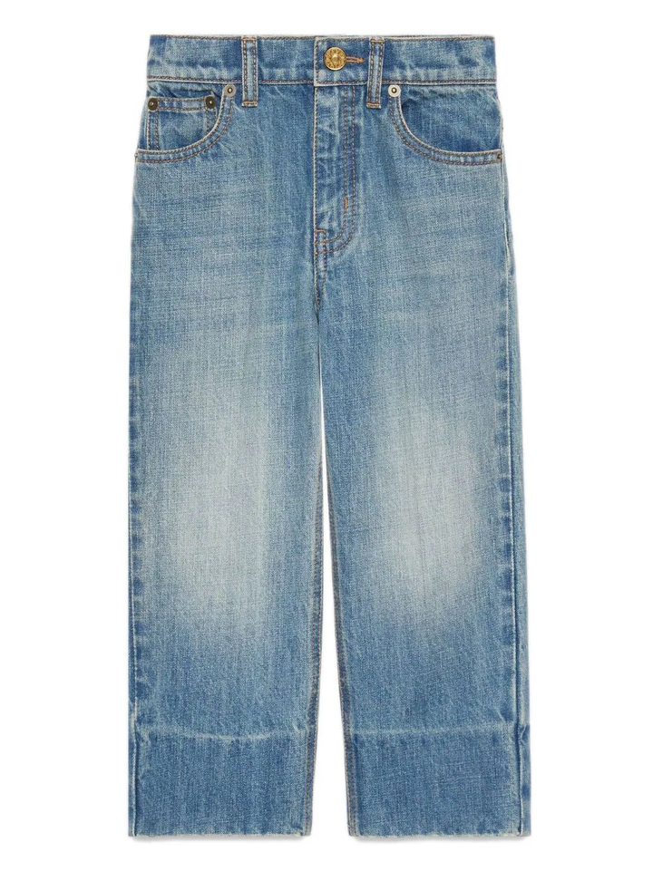 Boy's denim jeans with whisker effect, cotton, bleach wash, whisker effect, logo patch on back, pleated details, signature interlocking G logo, mid rise, straight leg, concealed fly and button fastening, belt loops, classic five pocket and hem straight