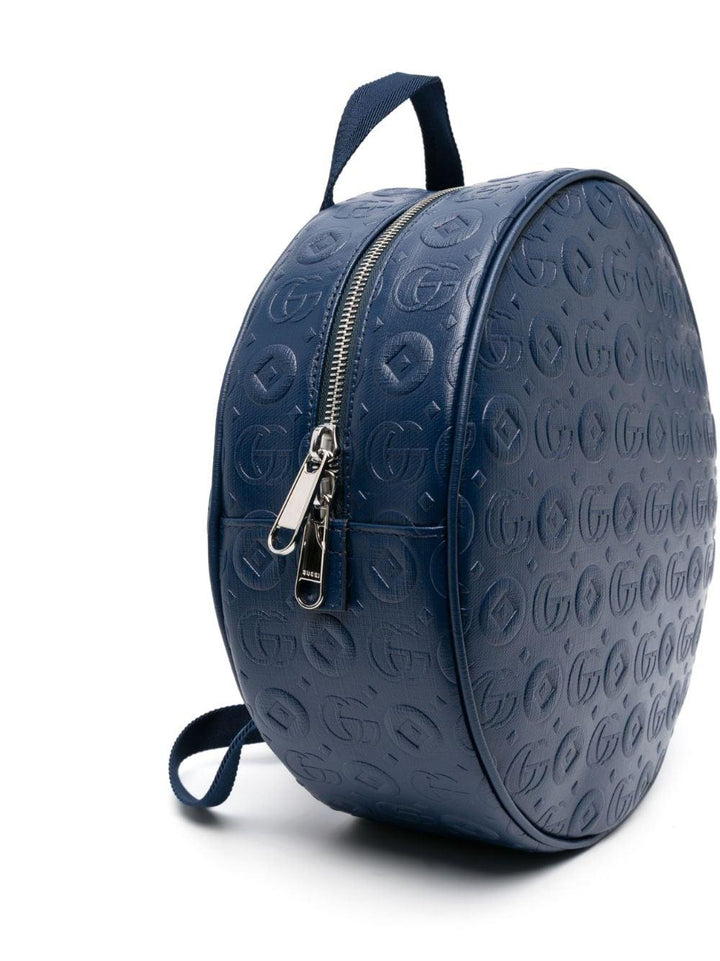 Zaino blu navy, pelle di vitello, caratteristico quadrante con dettaglio a righe, spalline regolabili, chiusura con zip a giro e scomparto unico
