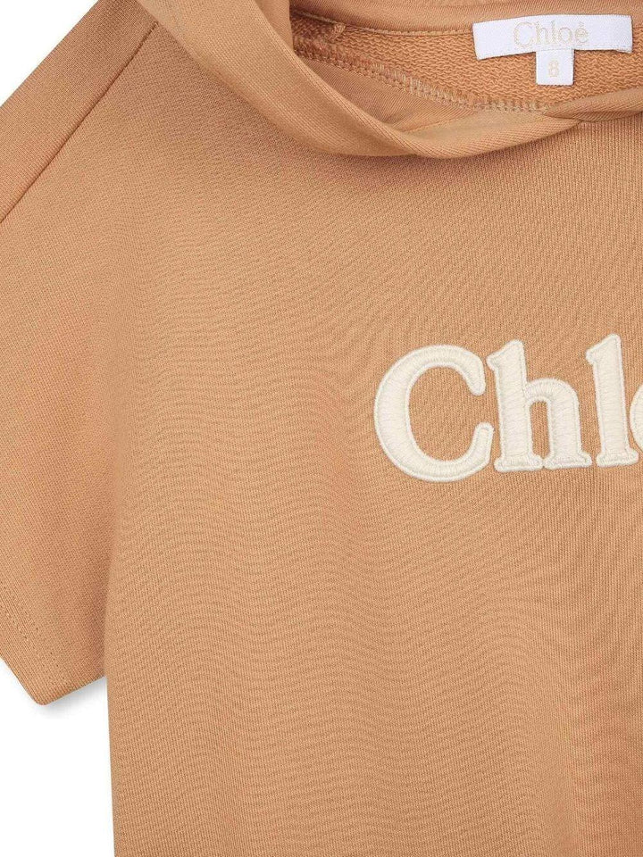 Abito beige bambina con cappuccio , coulisse e logo bianco stampato
