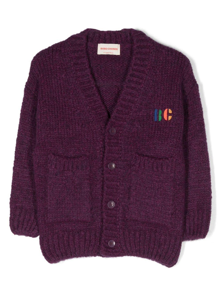 Cardigan viola scuro bambina  con logo ricamato