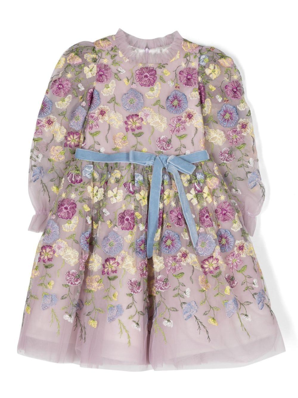 Abito glicine bambina,con stampa di fiori,cintura e gonna tulle a balze