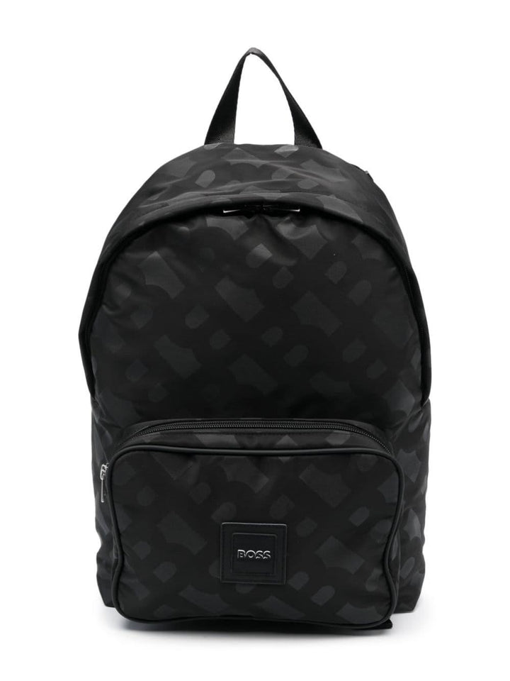 Zaino nero bambino,applicazione frontale con logo, manico superiore, due tracolle regolabili, tasca frontale con zip, chiusura superiore con zip, scomparto unico e applicazione interna con logo