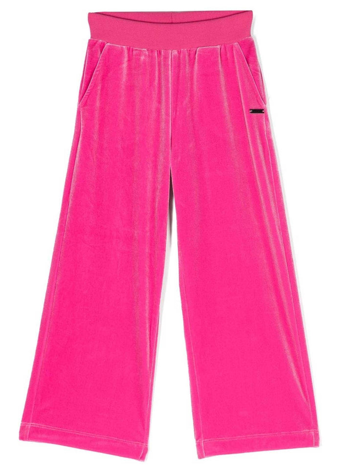 Pantaloni fucsia sportivi bambina a gamba dritta con placca logo