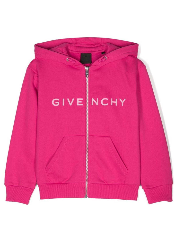 Felpa fucsia bambina con cappuccio , zip e logo bianco stampato H15352 49N Givenchy Kids 