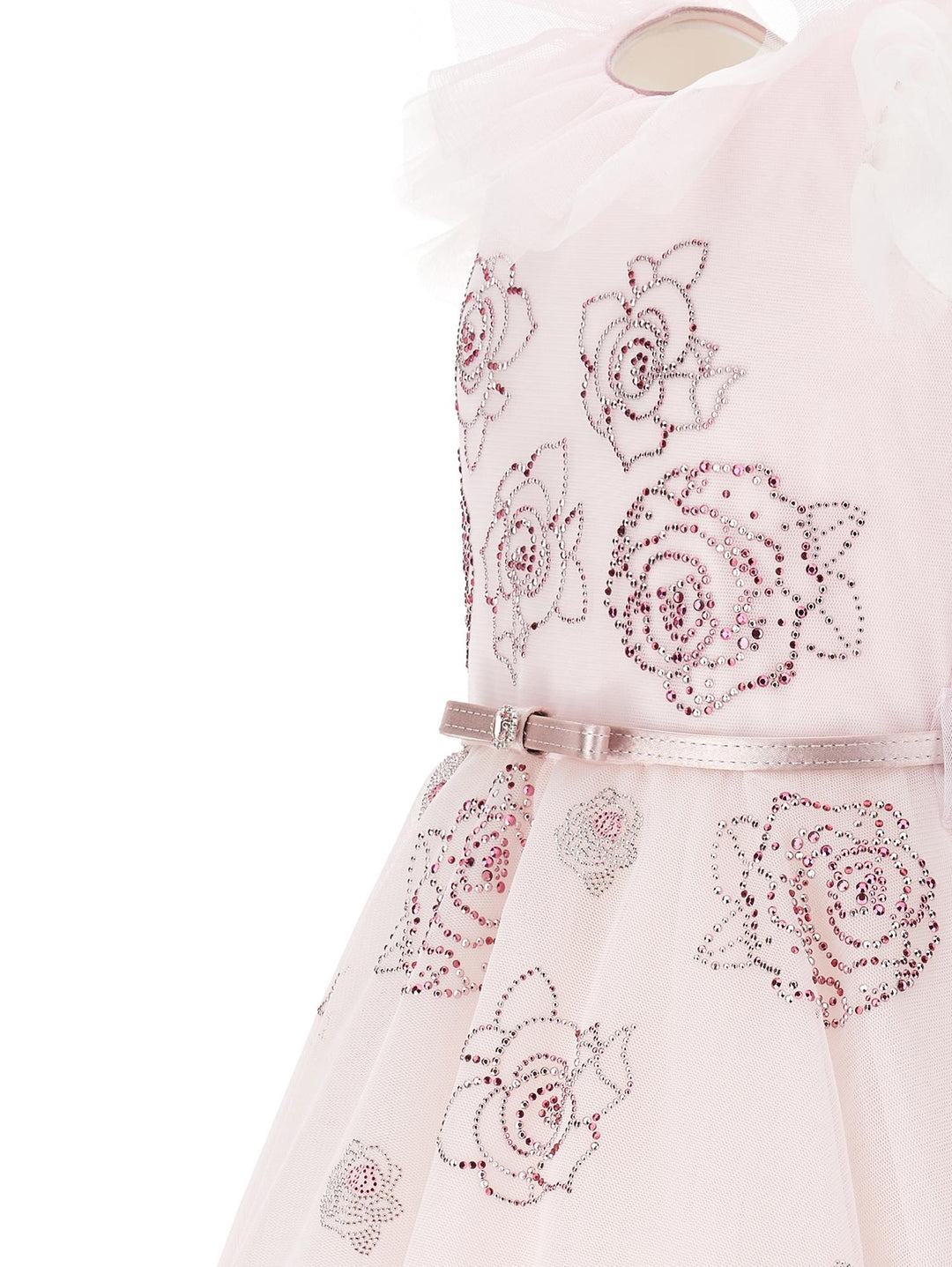 Abito rosa bambina con strass , cintura e rose ricamate
