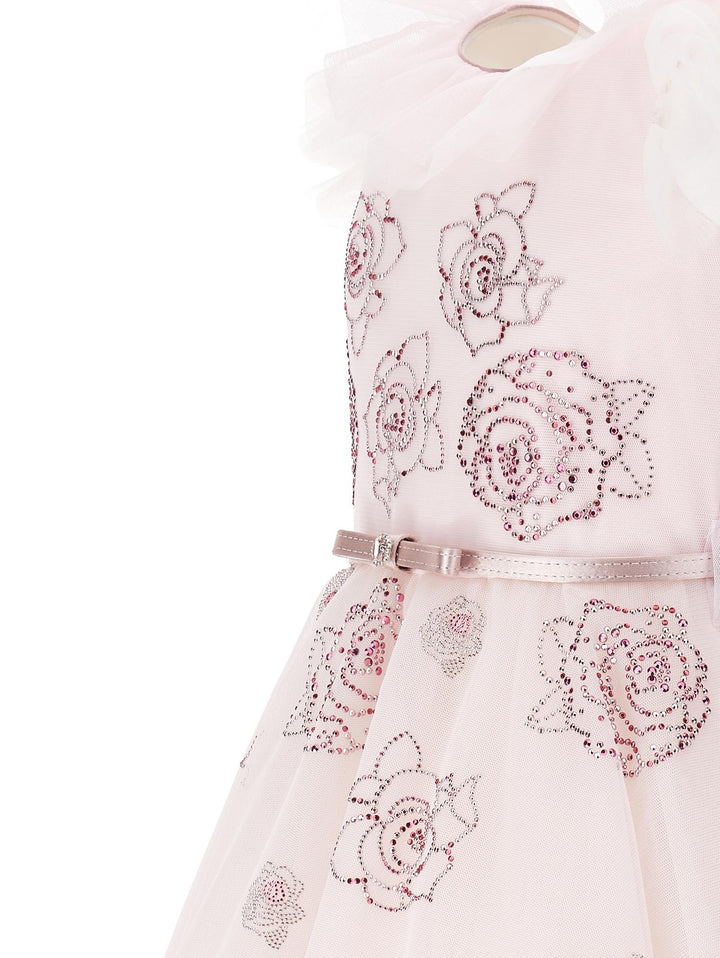 Abito rosa bambina con strass , cintura e rose ricamate