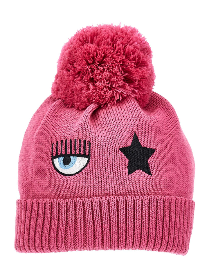 Berretto fucsia neonata con pompon e applicazioni