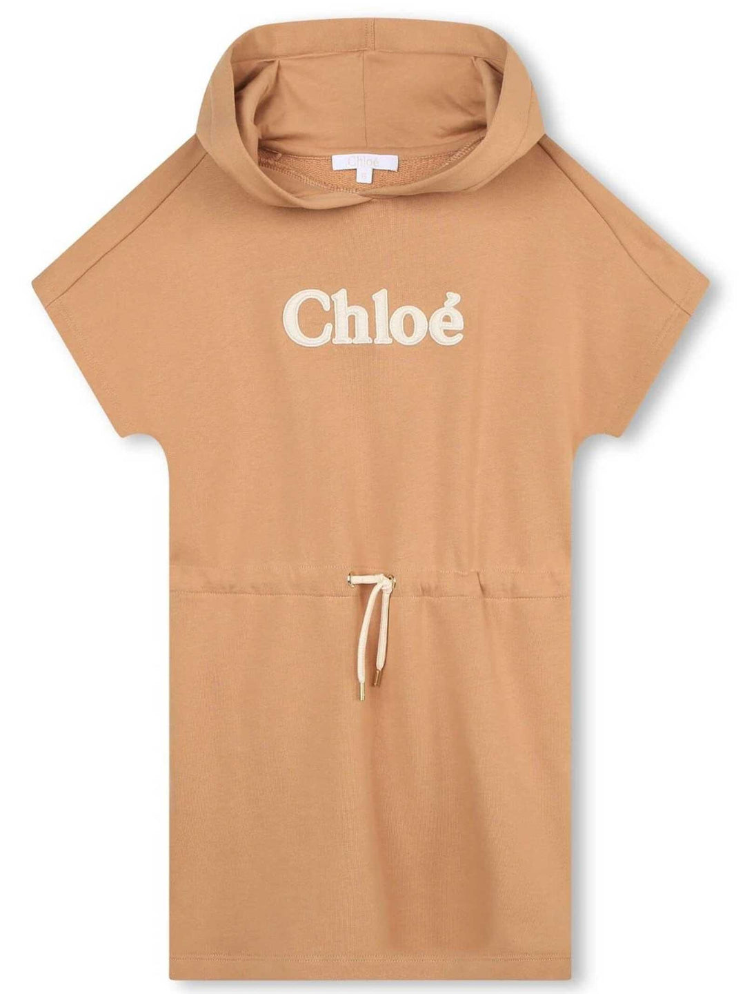 Abito beige bambina con cappuccio , coulisse e logo bianco stampato