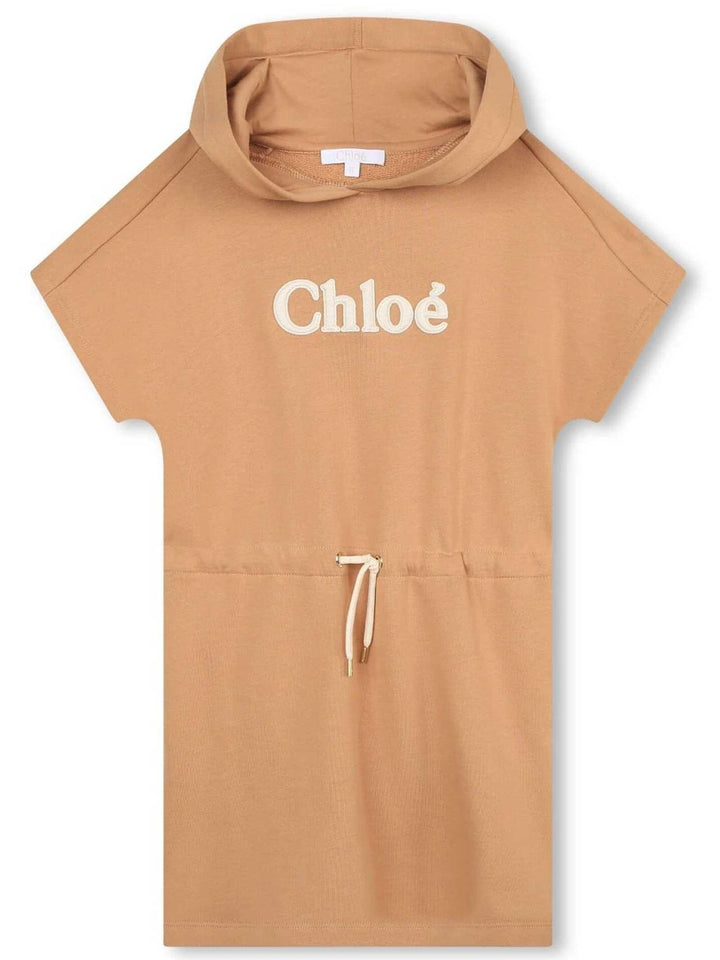 Abito beige bambina con cappuccio , coulisse e logo bianco stampato