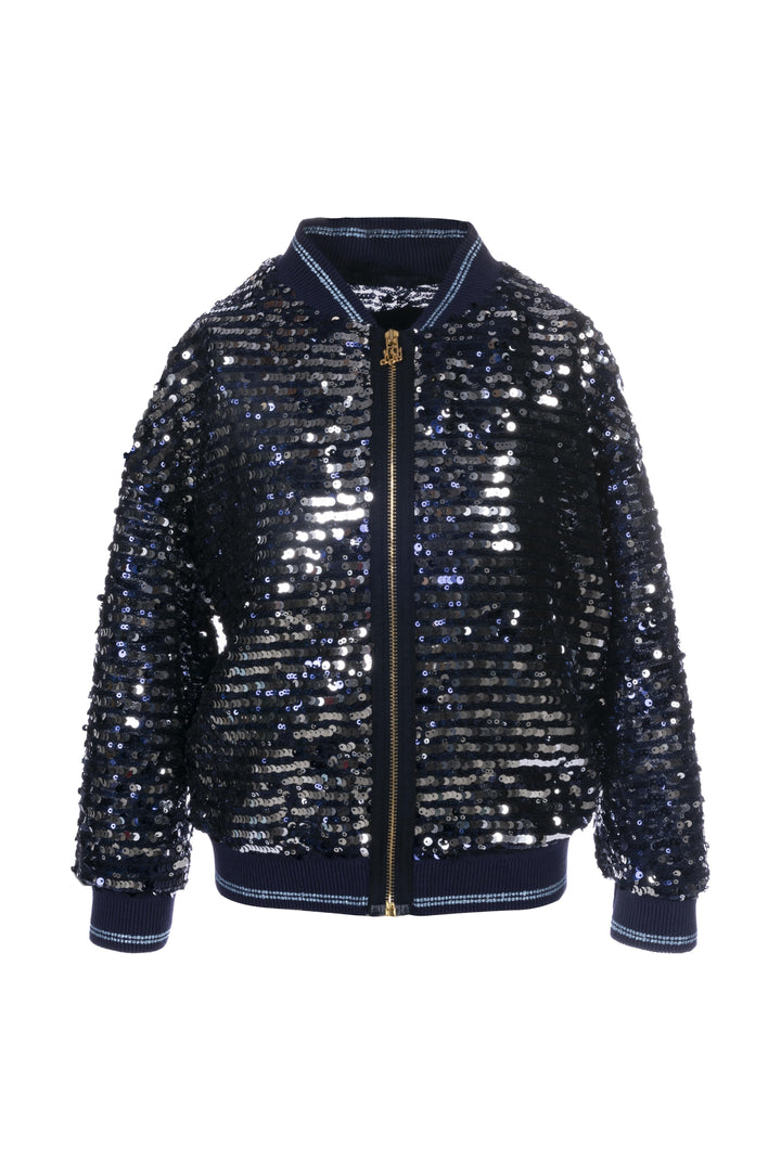Giacca blu bambina,con dettaglio paillettes,chiusura frontale con zip