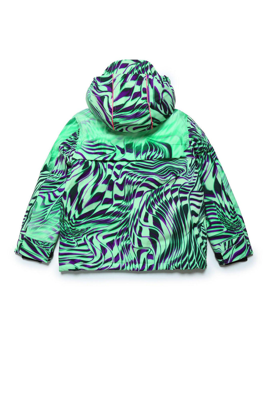 Giacca con cappuccio , fondo verde e stampa multicolor