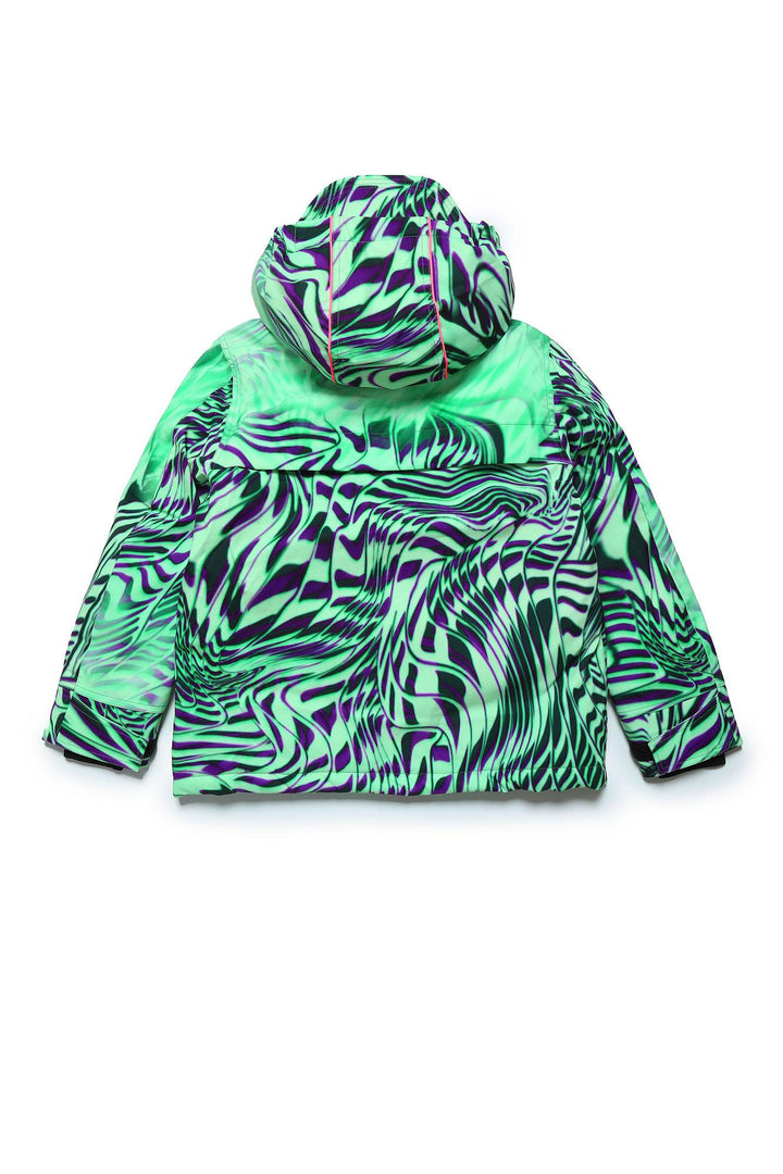 Giacca con cappuccio , fondo verde e stampa multicolor