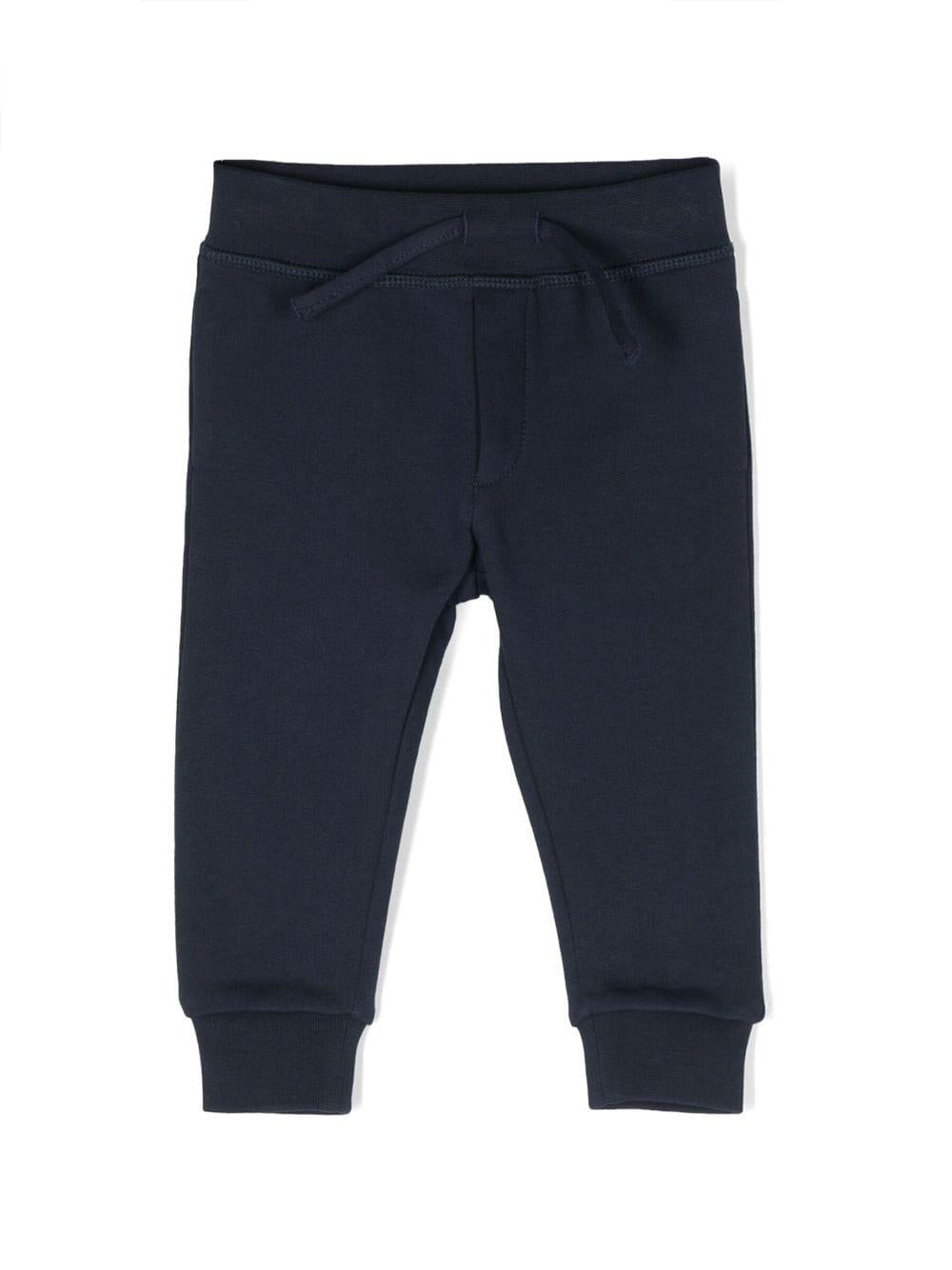 Pantalone blu bambino con stampa multicolor posteriore