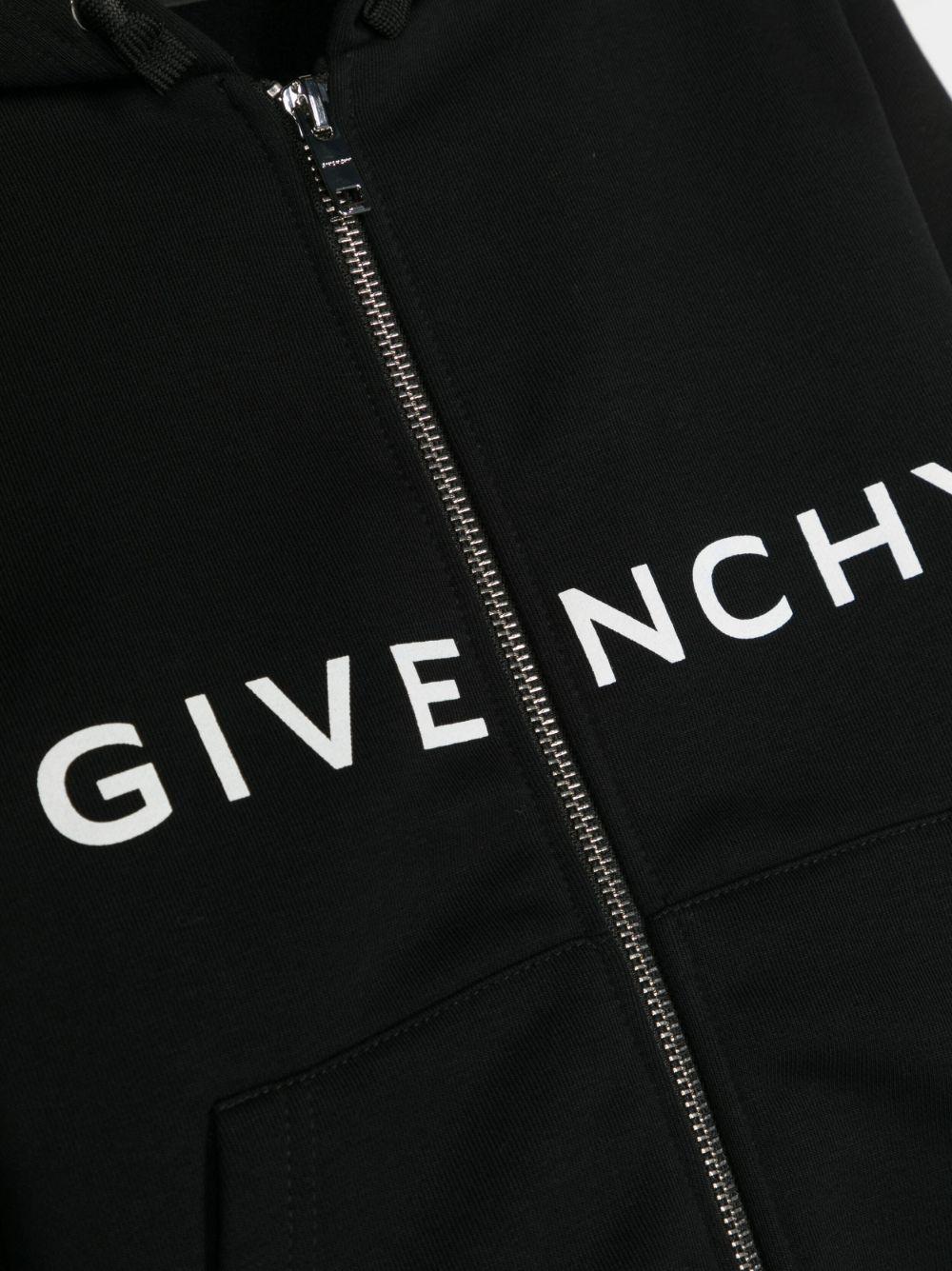 Felpa nera bambino con zip , cappuccio e logo bianco stampato H25484 09B Givenchy Kids 