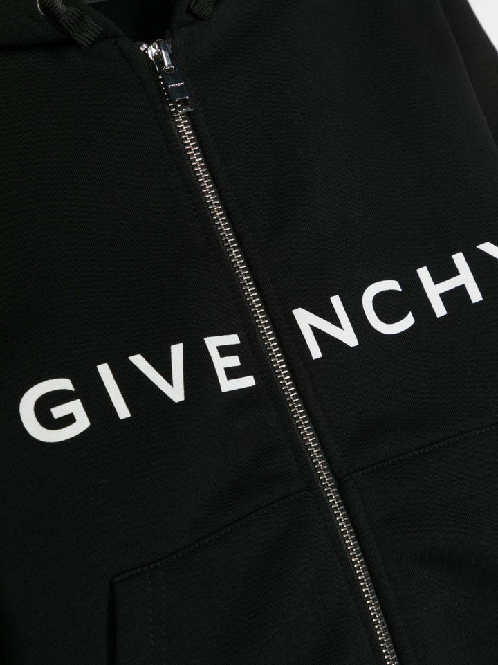 Felpa nera bambino con zip , cappuccio e logo bianco stampato H25484 09B Givenchy Kids 