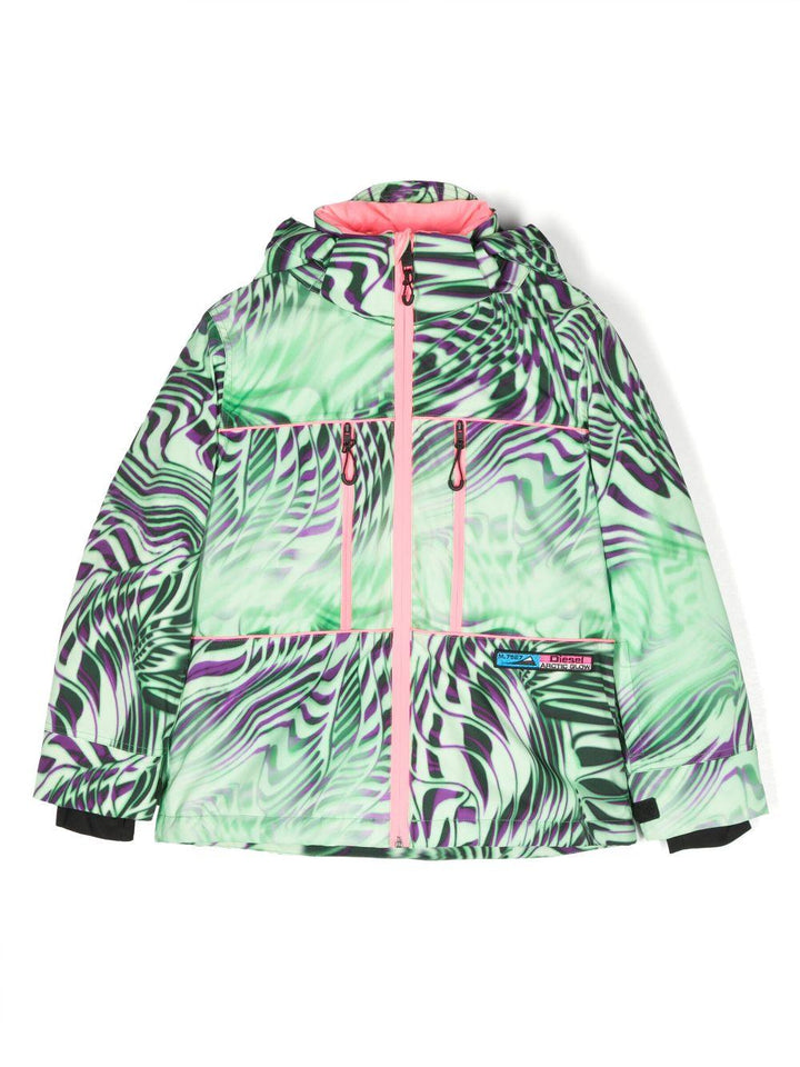 Giacca con cappuccio , fondo verde e stampa multicolor