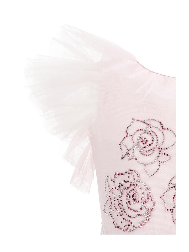 Abito rosa bambina con strass , cintura e rose ricamate