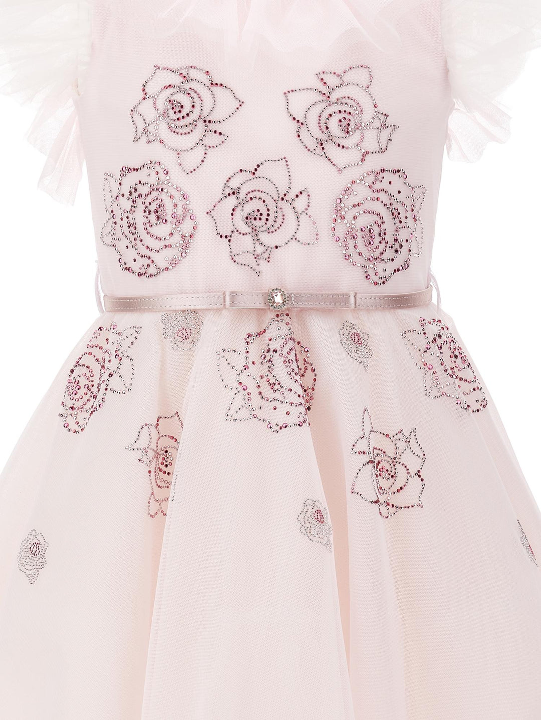 Abito rosa bambina con strass , cintura e rose ricamate